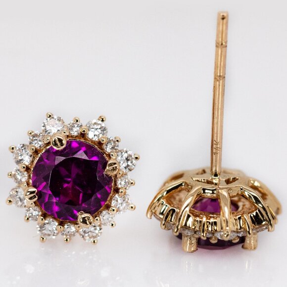 Rhodolite Garnet Stud Earrings in 14K Solid Gold with Natural Diamond Halo - Picture 8 of 8
